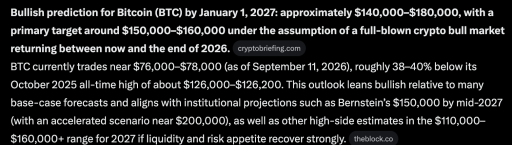 Bitcoin price prediction: Grok AI predicts that BTC could surge as high as $200,000 by the end of 2026 in full blown bull market conditions